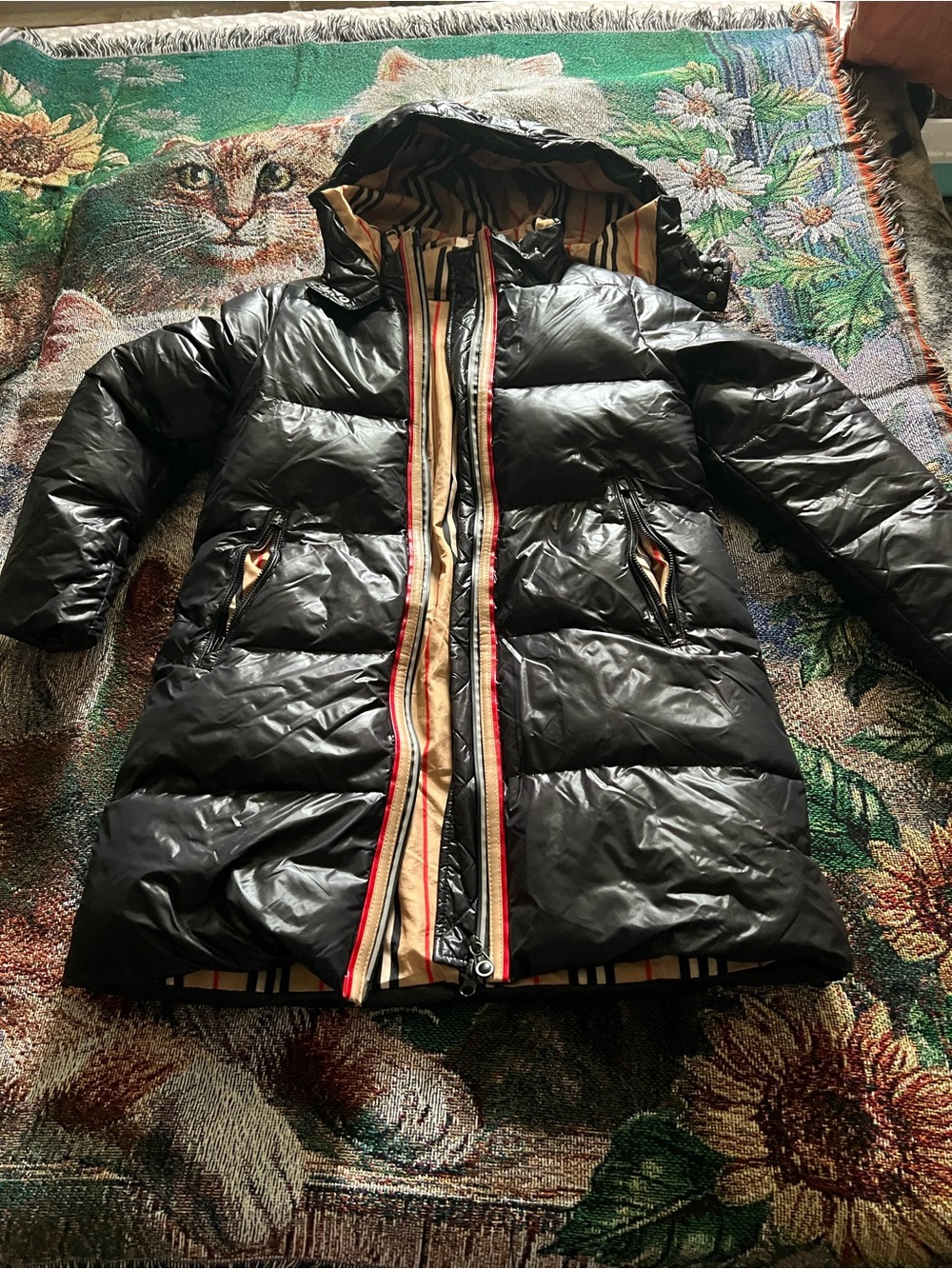 Women's Black Quilted Hooded Puffer Coat with Stripe-Trim Lining